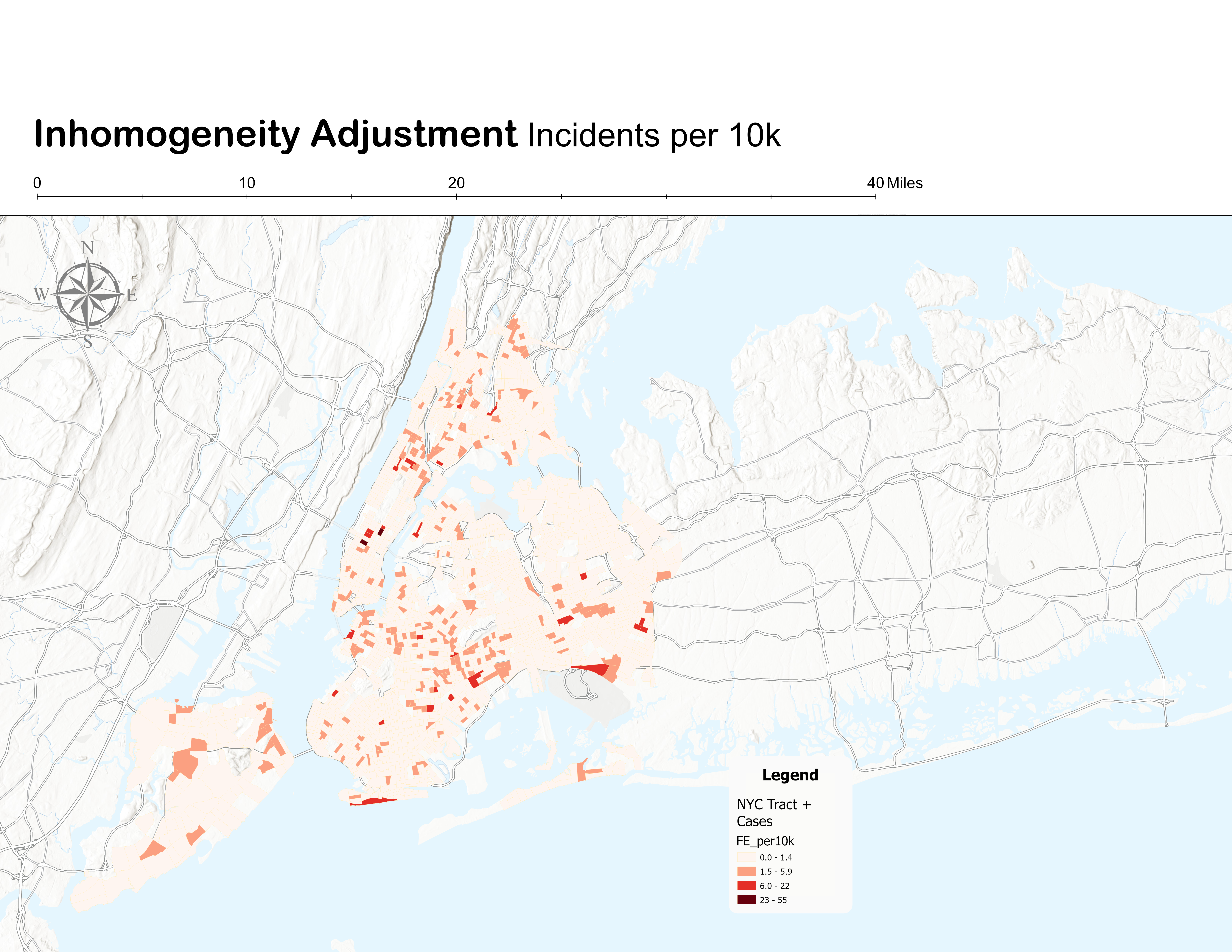 Fatal police encounters per 10,000 residents — inhomogeneity adjustment rate map, NYC