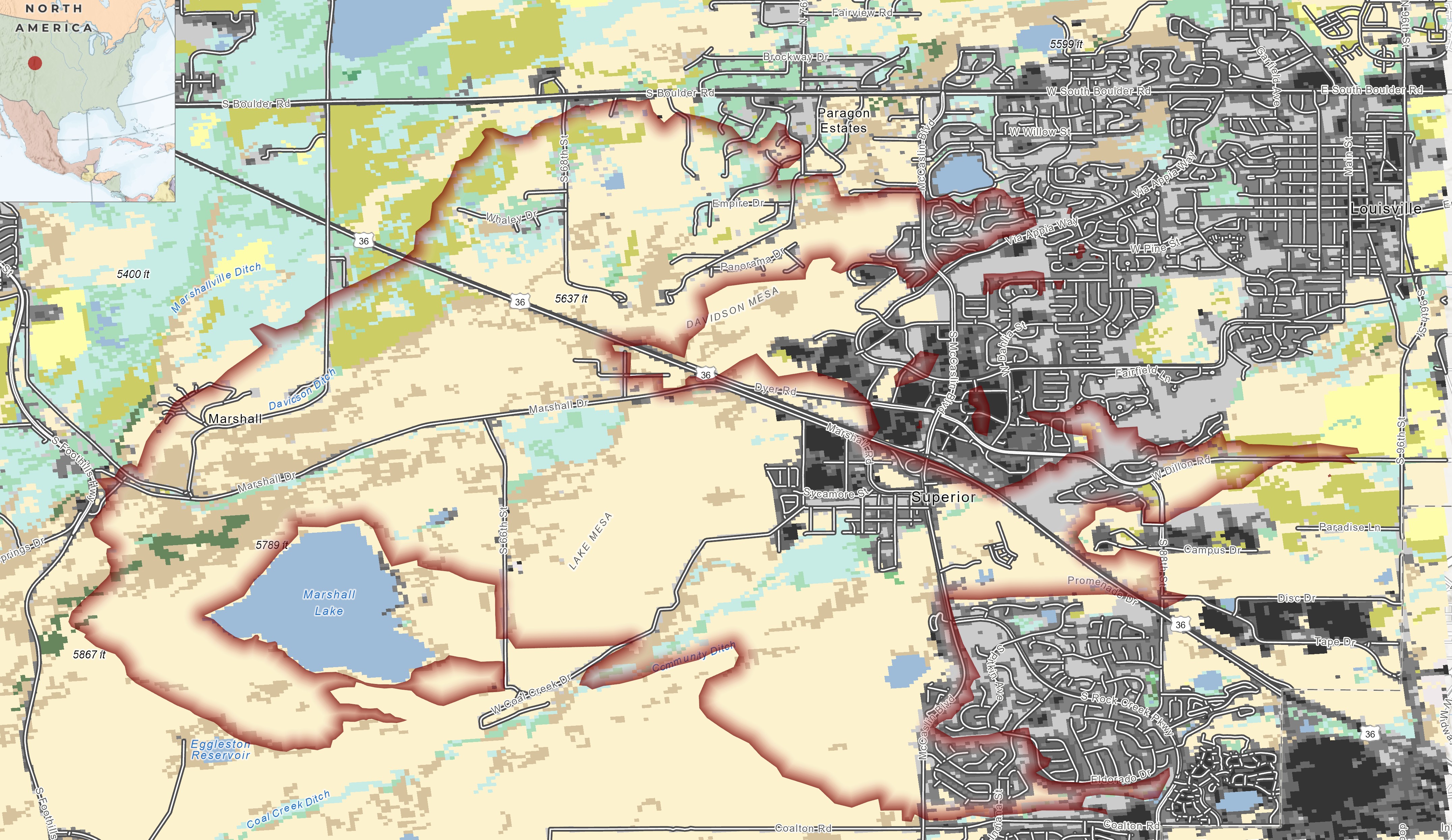 NetLogo simulated burn output — Marshall Fire ABM