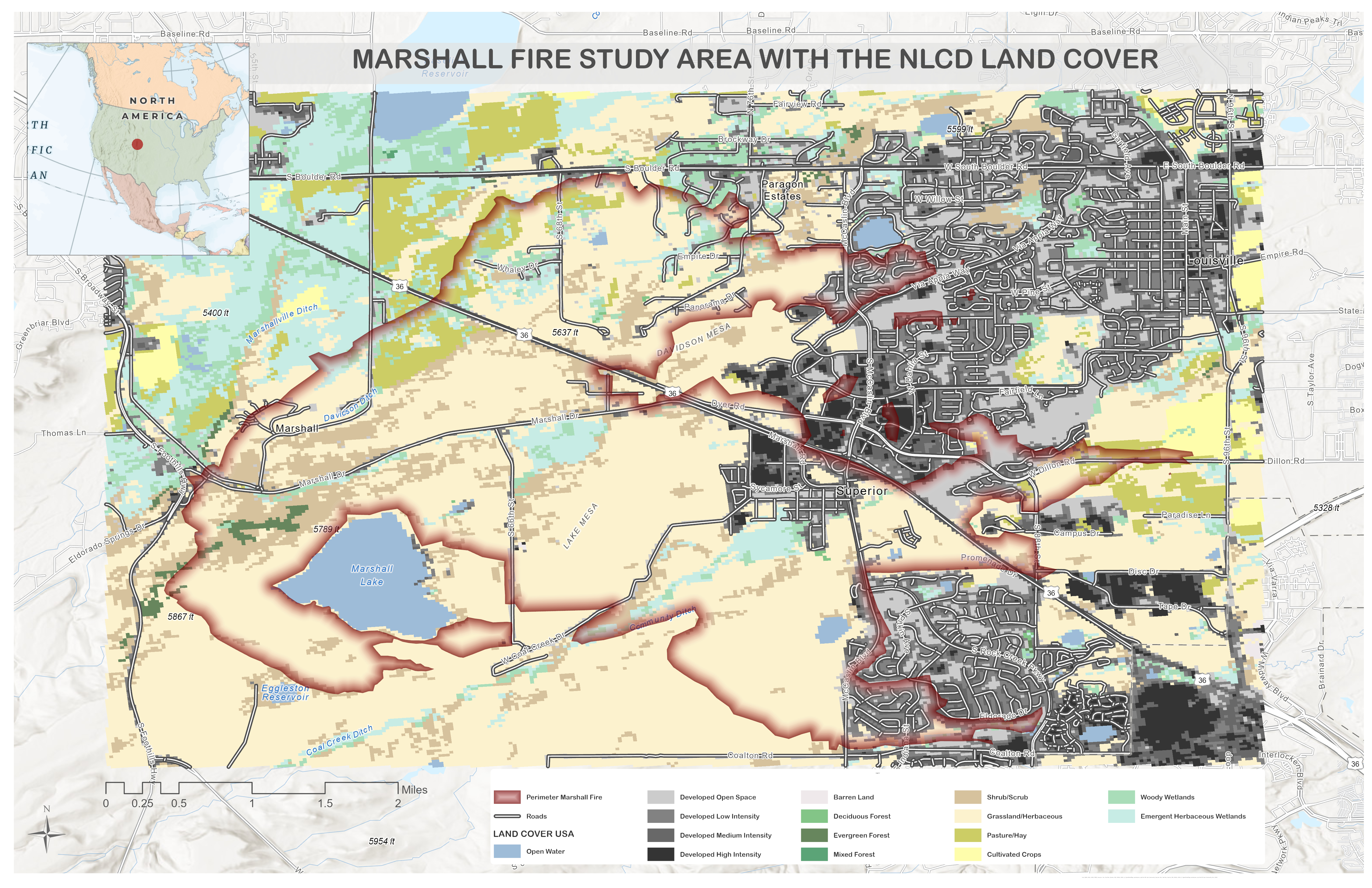 Study area map with NLCD land cover and Marshall Fire perimeter